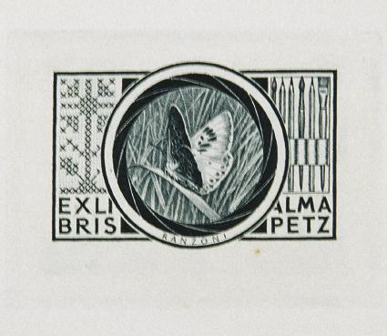 Hans Ranzoni, Exlibris Alma Petz, 1979, Kupferstich, 4,4 × 6 cm, Belvedere, Wien, Inv.-Nr. 8116