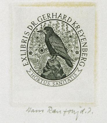 Hans Ranzoni, Exlibris Dr. Gerhard Kreyenberg, 1982, Kupferstich, 5,2 × 4,5 cm, Belvedere, Wien…