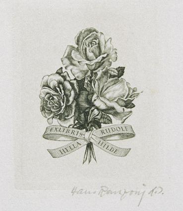 Hans Ranzoni, Exlibris Hilde und Hella Rudolf, 1984, Kupferstich, 7 × 5,8 cm, Belvedere, Wien, …