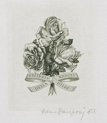 Hans Ranzoni, Exlibris Hilde und Hella Rudolf, 1984, Kupferstich, 7 × 5,8 cm, Belvedere, Wien, …