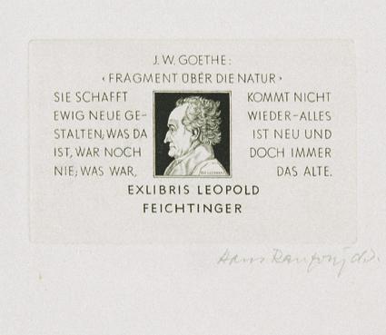Hans Ranzoni, Exlibris Leopold Feichtinger, 1984, Kupferstich, 4,8 × 7,6 cm, Belvedere, Wien, I…