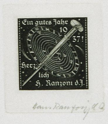 Hans Ranzoni d. J., Glückwunsch zum Neuen Jahr, 1937, Kupferstich, 4,5 x 4,1 cm, Belvedere, Wie ...