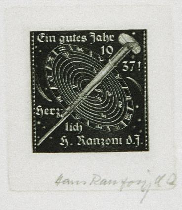 Hans Ranzoni d. J., Glückwunsch zum Neuen Jahr, 1937, Kupferstich, 4,5 x 4,1 cm, Belvedere, Wie…