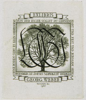 Hans Ranzoni d. J., Exlibris Georg Weber, 1937, Kupferstich, 4,8 x 4 cm, Belvedere, Wien, Inv.-…