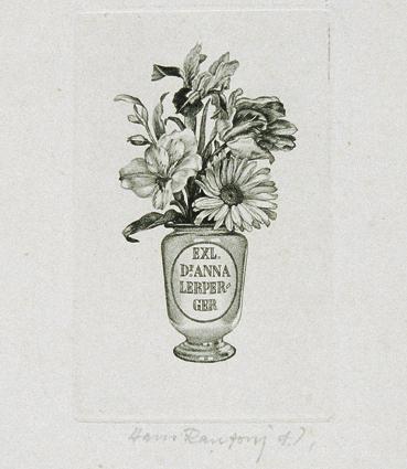 Hans Ranzoni, Exlibris Dr. Anna Lerperger, 1978, Kupferstich, 7,8 × 4,9 cm, Belvedere, Wien, In…