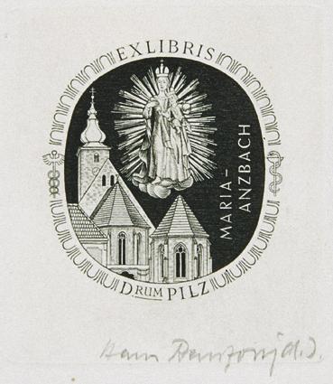 Hans Ranzoni, Exlibris Drum Pilz, 1981, Kupferstich, 5,7 × 5,1 cm, Belvedere, Wien, Inv.-Nr. 81…