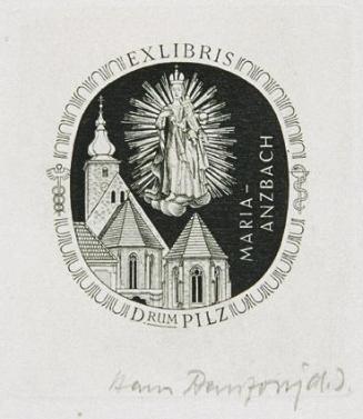 Hans Ranzoni, Exlibris Drum Pilz, 1981, Kupferstich, 5,7 × 5,1 cm, Belvedere, Wien, Inv.-Nr. 81…