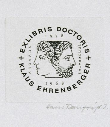 Hans Ranzoni d. J., Exlibris Dr. Klaus Ehrenberger, 1938–1968, 1968, Kupferstich, 4,6 x 5,4 cm,…
