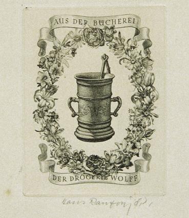 Hans Ranzoni d. J., Exlibris Aus der Bücherei der Drogerie Wolff, 1941, Kupferstich, 6,2 x 4,9 …