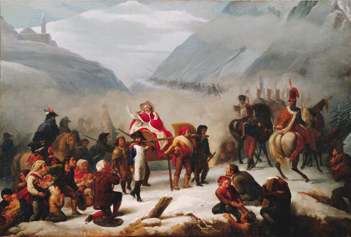 Giuseppe Sogni, Papst Pius VII. überschreitet die Alpen, Öl auf Leinwand, 107 x 160 cm, Belvede ...