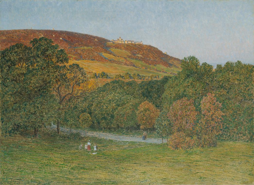 Maximilian Suppantschitsch, Blick vom Cobenzl auf den Kahlenberg bei Wien, 1908, Öl auf Leinwan ...