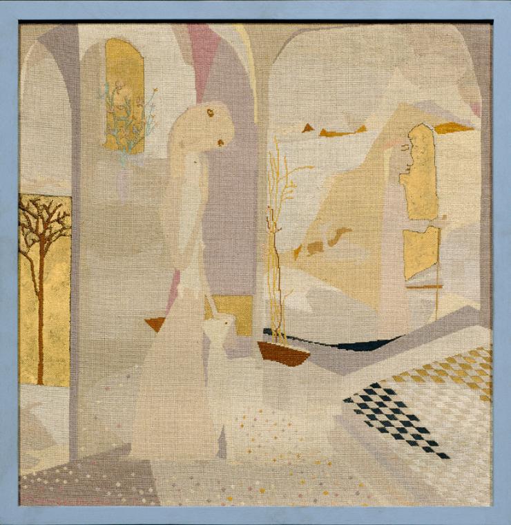 Olga-Maria Rubin-Beaufils, Mutterliebe, 1942, Seidenstickerei, Goldpulver, 54,3 x 53,3 cm, Belv…