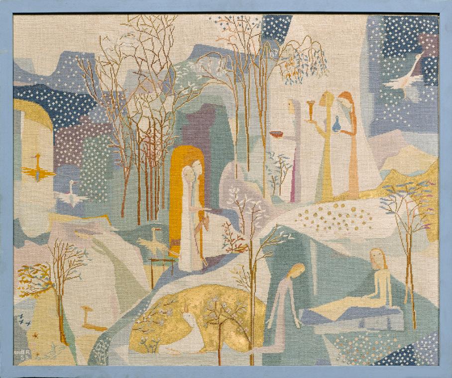 Olga-Maria Rubin-Beaufils, Zur Krippe, 1953, Seidenstickerei, Goldpulver, 68 x 81,5 cm, Belvede…