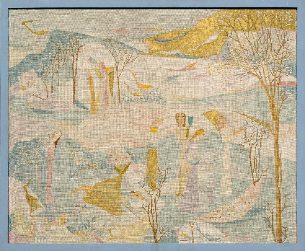 Olga-Maria Rubin-Beaufils, Märchen, 1951, Seidenstickerei, Goldpulver, 62 x 75 cm, Belvedere, W…