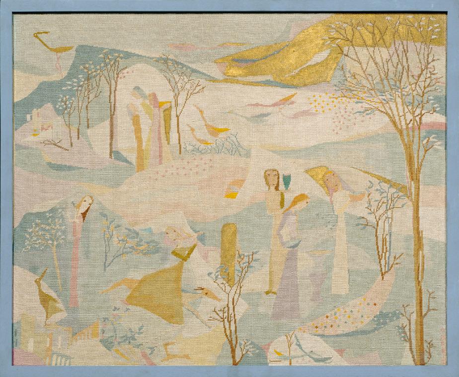 Olga-Maria Rubin-Beaufils, Märchen, 1951, Seidenstickerei, Goldpulver, 62 x 75 cm, Belvedere, W…