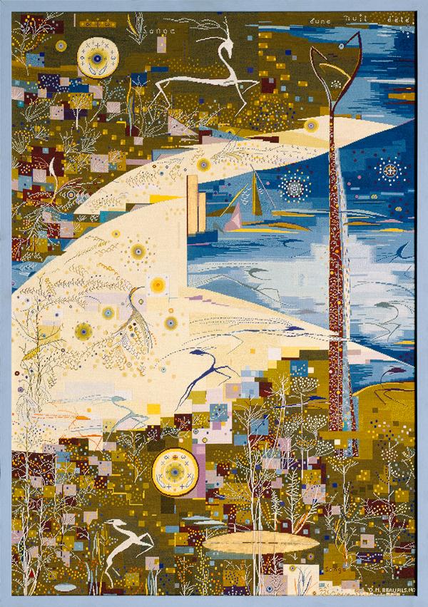 Olga-Maria Rubin-Beaufils, Sommernachtstraum, 1976, Seidenstickerei, Goldpulver, 108 x 75 cm, B…