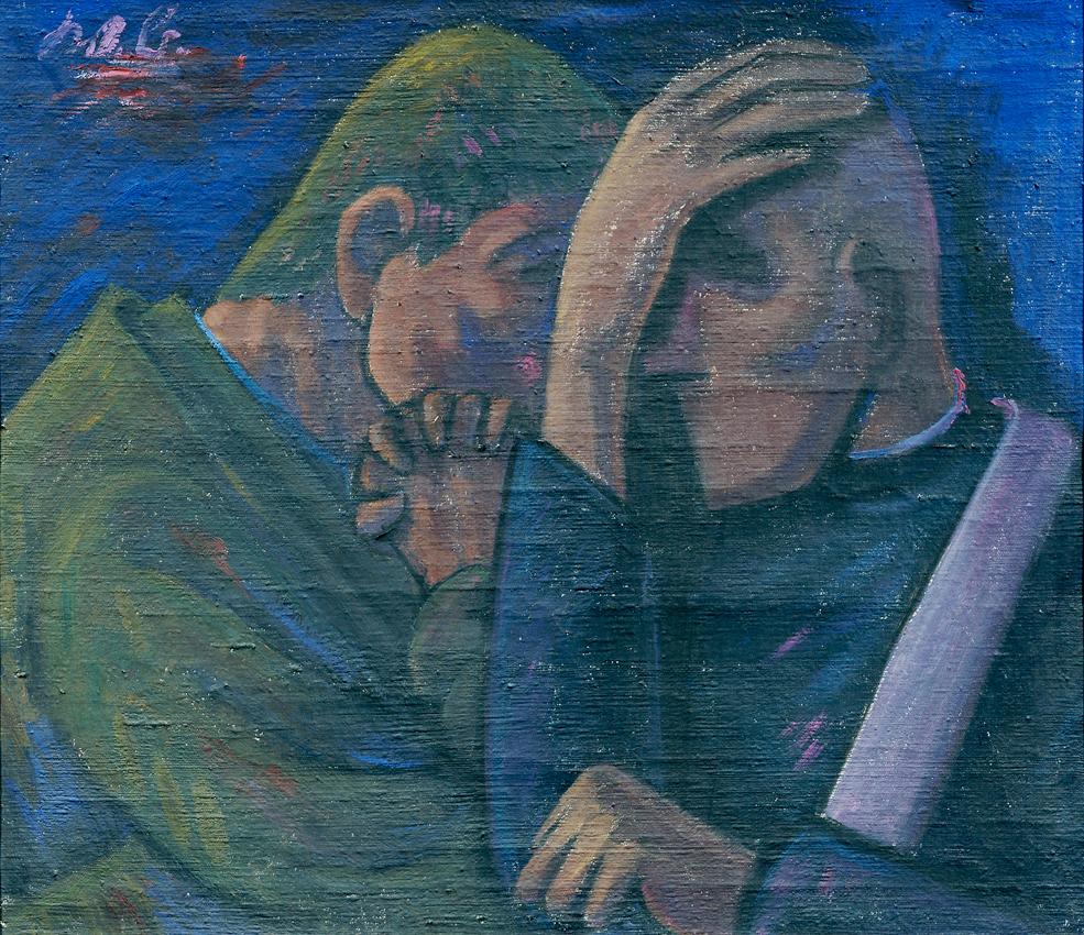 Werner Berg, Nächtliche Beichte, 1948, Öl auf Leinwand, 65,5 x 75,9 cm, Artothek des Bundes, Da…