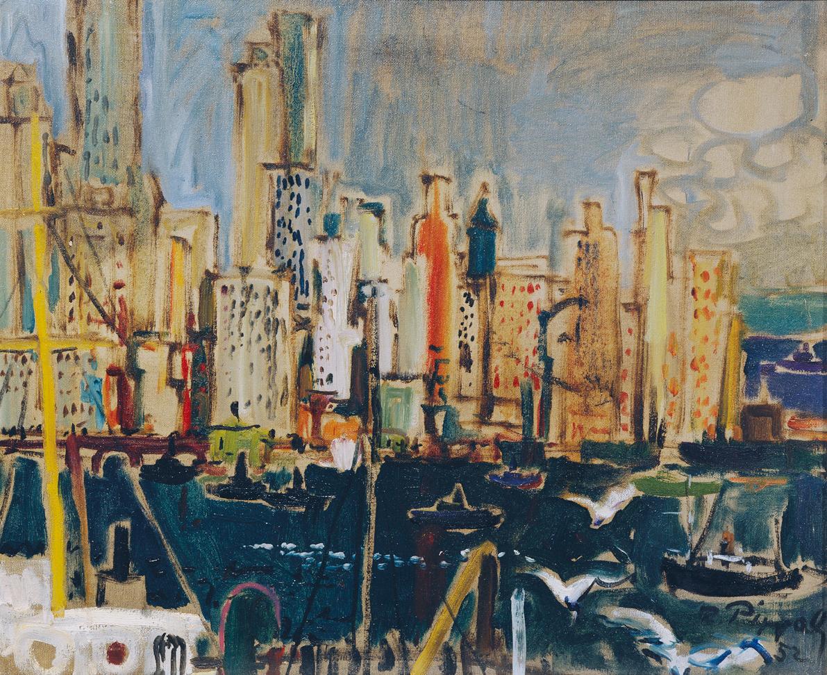 Hans Robert Pippal, Ansicht von Manhattan, 1952, Öl auf Leinwand, 53 x 64 cm, Artothek des Bund…