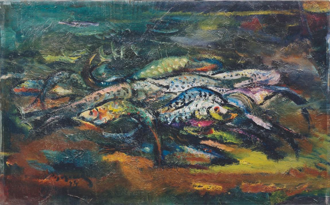 Hans Robert Pippal, Fischstillleben, 1948, Öl auf Leinwand, 53 x 84 cm, Belvedere, Wien, Inv.-N…