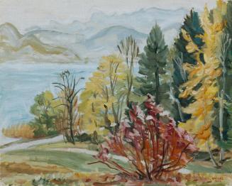Günther Baszel, Herbstlandschaft am Attersee, 1948, Öl auf Leinwand auf Karton, 48 x 60 cm, Bel…