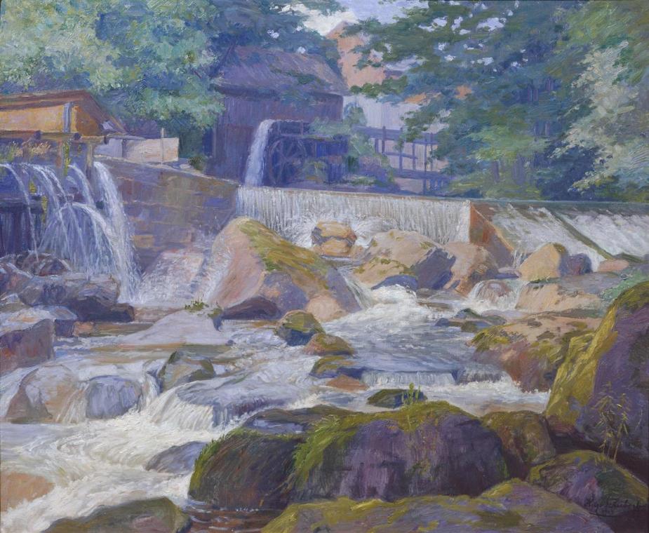 Hugo Schubert, Flusswehr mit Mühle, Klamm bei Grein, 1913, Öl auf Leinwand, 76,5 x 92,5 cm, Bel…