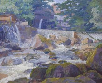 Hugo Schubert, Flusswehr mit Mühle, Klamm bei Grein, 1913, Öl auf Leinwand, 76,5 x 92,5 cm, Bel…