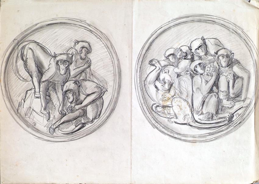 Franz Barwig d. Ä., Entwürfe zu zwei Reliefs mit spielenden Affen, 1928, Bleistift auf Papier, …