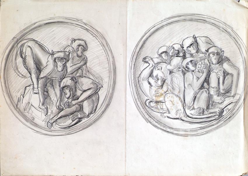Franz Barwig d. Ä., Entwürfe zu zwei Reliefs mit spielenden Affen, 1928, Bleistift auf Papier, …