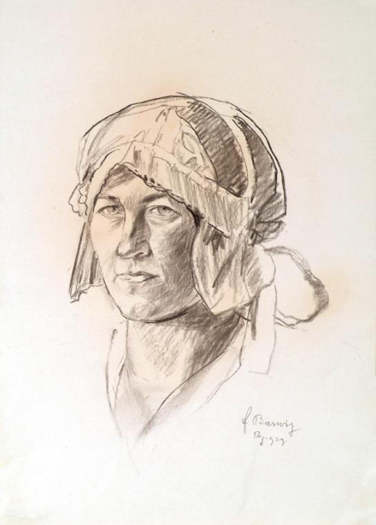 Franz Barwig, Grete Barwig, die Tochter des Künstlers, mit Haube, 1929, Kohle auf Papier, 44 x …