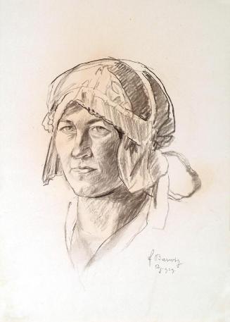 Franz Barwig, Grete Barwig, die Tochter des Künstlers, mit Haube, 1929, Kohle auf Papier, 44 x …