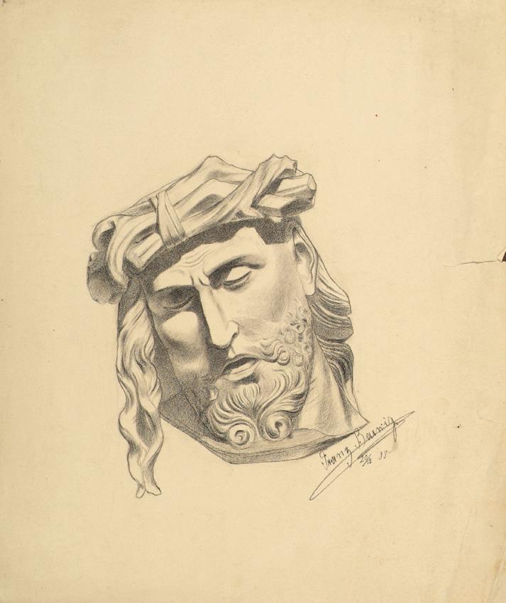 Franz Barwig, d. Ä., Christuskopf (Akademiearbeit), 1888, Bleistift auf Papier, 41,5 x 35,5 cm,…