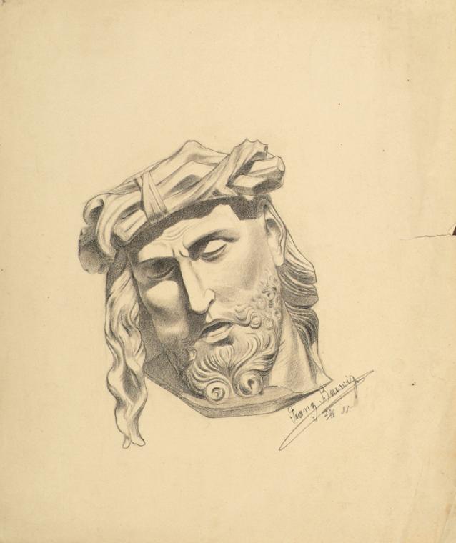Franz Barwig, d. Ä., Christuskopf (Akademiearbeit), 1888, Bleistift auf Papier, 41,5 x 35,5 cm,…