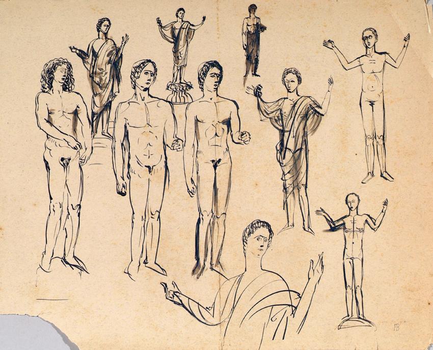 Franz Barwig d. Ä., Skizzen für stehende Jünglinge und "Verklärung", um 1922, Tusche auf Papier…