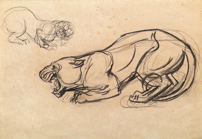 Franz Barwig d. Ä., Skizzen zum "Fauchenden Löwen", 1926/1927, Kohle auf Papier, 31 x 45 cm, Be…
