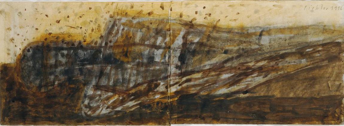 Walter Pichler, Schlafender mit Fliegen, 1996, Tempera, 16 x 44,5 cm, Belvedere, Wien, Inv.-Nr. ...