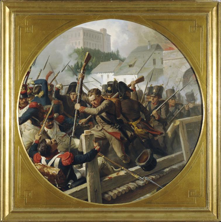 Karl von Blaas, Das Treffen bei Ebelsberg 1806, um 1870, Öl auf Leinwand, 88 x 88 cm, Belvedere…