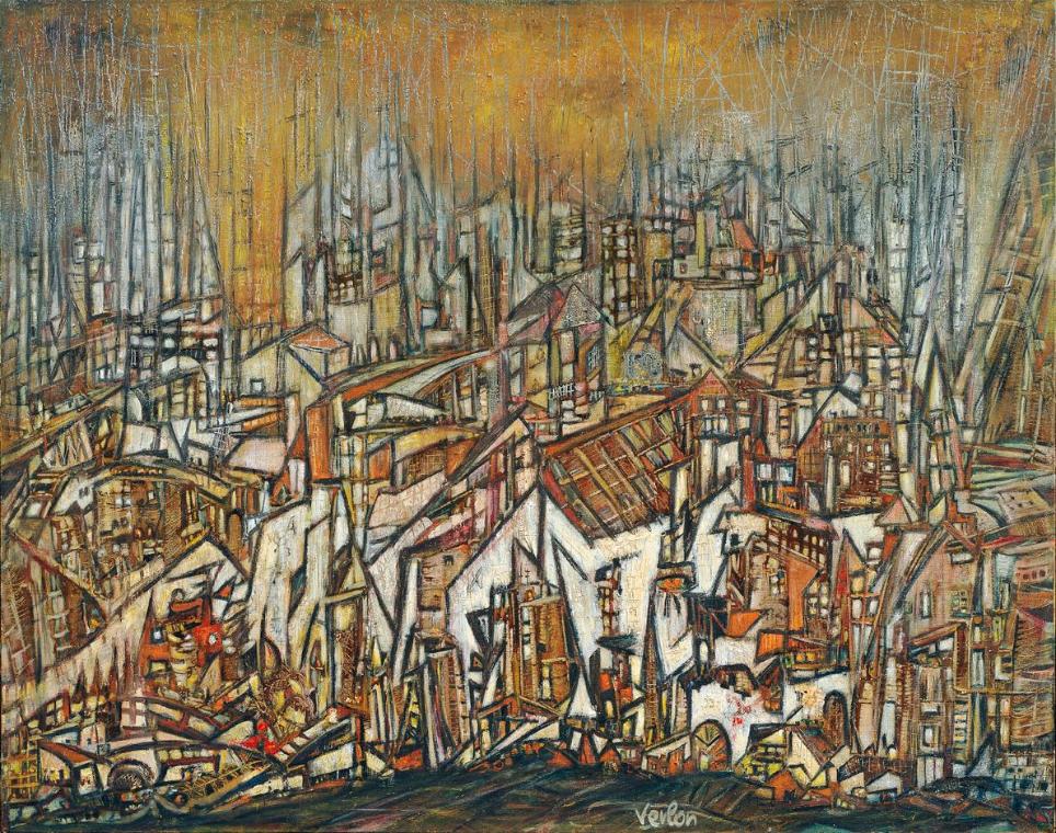 André Verlon, Anatomie einer Stadt, 1960er-Jahre, Öl auf Leinwand, 114 x 145,5 cm, Leihgabe der…