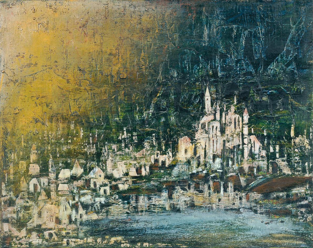 André Verlon, Souvenir: Kleine Stadt in Österreich, 1969-1972, Öl auf Leinwand, 73 × 92 cm, Art ...