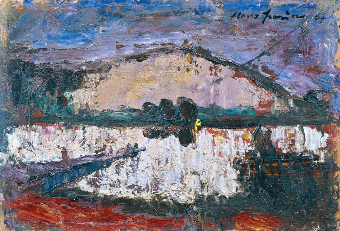 Hans Fronius, An der Donau, 1967, Öl auf Hartfaserplatte, 34,5 x 51 cm, Artothek des Bundes, Da…
