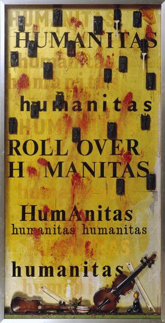 Curt Stenvert, Roll over humanitas, 1969, Mischtechnik auf Sperrholzplatte, Holz, Plastik, 153 …