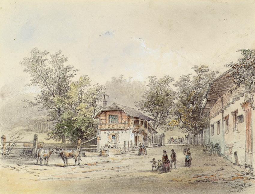 Ludwig Czerny, Die Meierei in der Vorderbrühl bei Wien, 1870, Bleistift, koloriert, auf Papier,…
