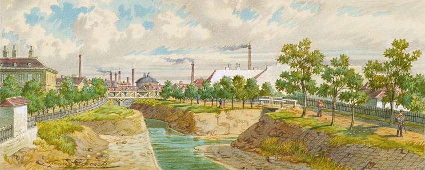 Franz Gerasch, Der Hoblingersteg über den Wienfluss (Gaudenzdorf), undatiert, Aquarell auf Papi…