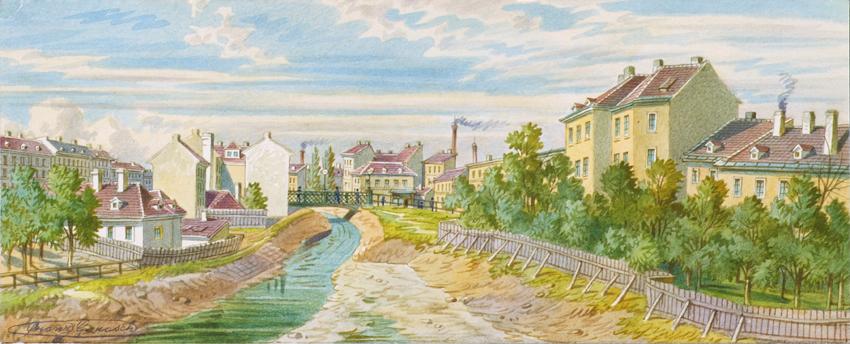 Franz Gerasch, Die Magdalenenbrücke über den Wienfluss, undatiert, Aquarell auf Papier, 10,1 × …