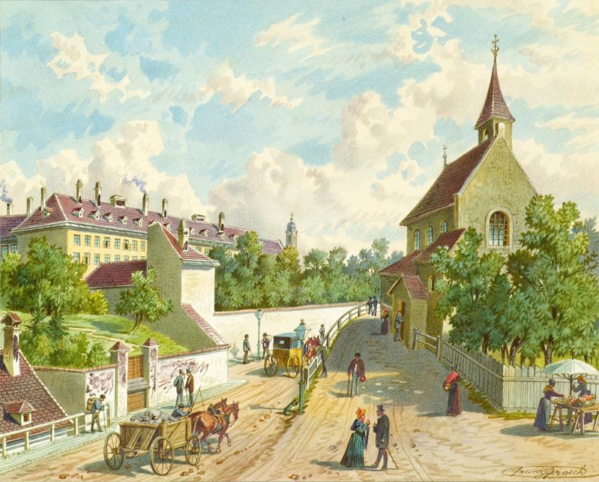 Franz Gerasch, Die Währinger Straße in Wien mit dem Versorgungshaus "Zum Blauen Herrgott" und d…