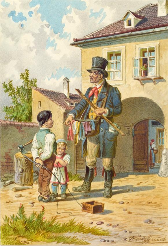 Franz Gerasch, Der Bandelkrämer, um 1848, Aquarell auf Papier, 20 × 14 cm, Belvedere, Wien, Inv…