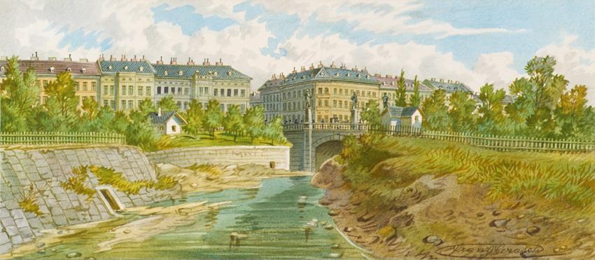 Franz Gerasch, Die Elisabethbrücke über den Wienfluss, undatiert, Aquarell auf Papier, 11 × 25 …