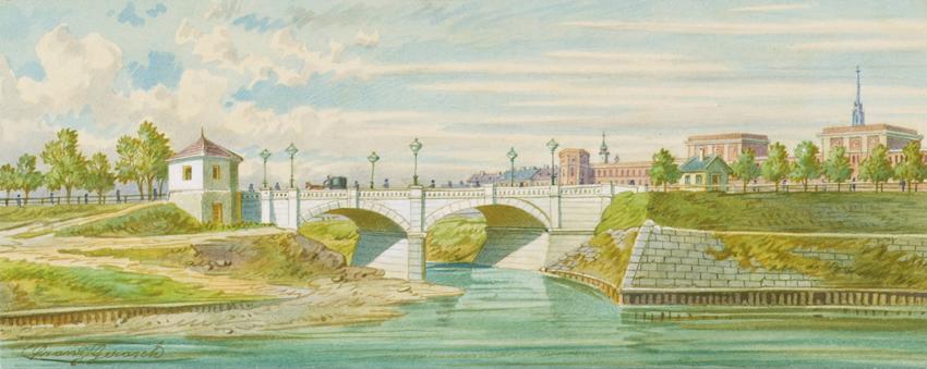 Franz Gerasch, Die Radetzkybrücke über den Wienfluss mit seiner Ausmündung in die Donau, undati…