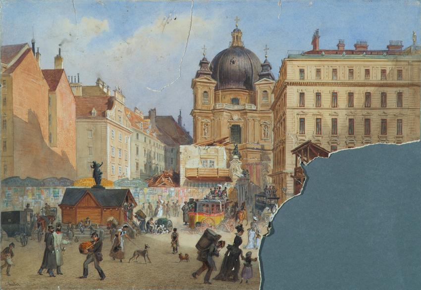 Carl Goebel d. J., Die Peterskirche in Wien vom Graben aus gesehen, 1878, Aquarell auf Papier, …