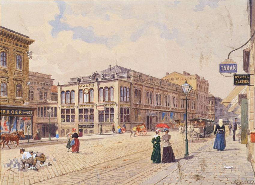 Ernst Graner, Die Schwendergasse in Wien mit Schwenders Colosseum, 1897, Aquarell auf Papier, 2…