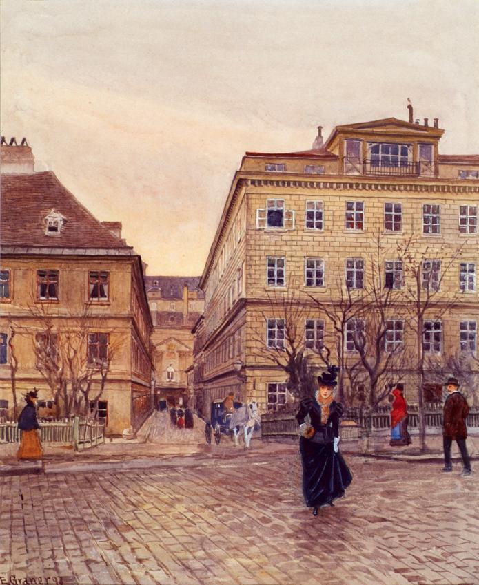 Ernst Graner, Der Getreidemarkt und die Papagenogasse in Wien, 1897, Aquarell auf Papier, 27,4 …